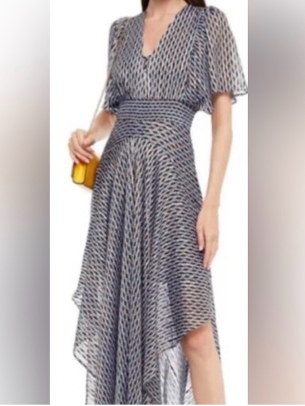 Maje Navy and White Printed High-Low V-Neck Dress